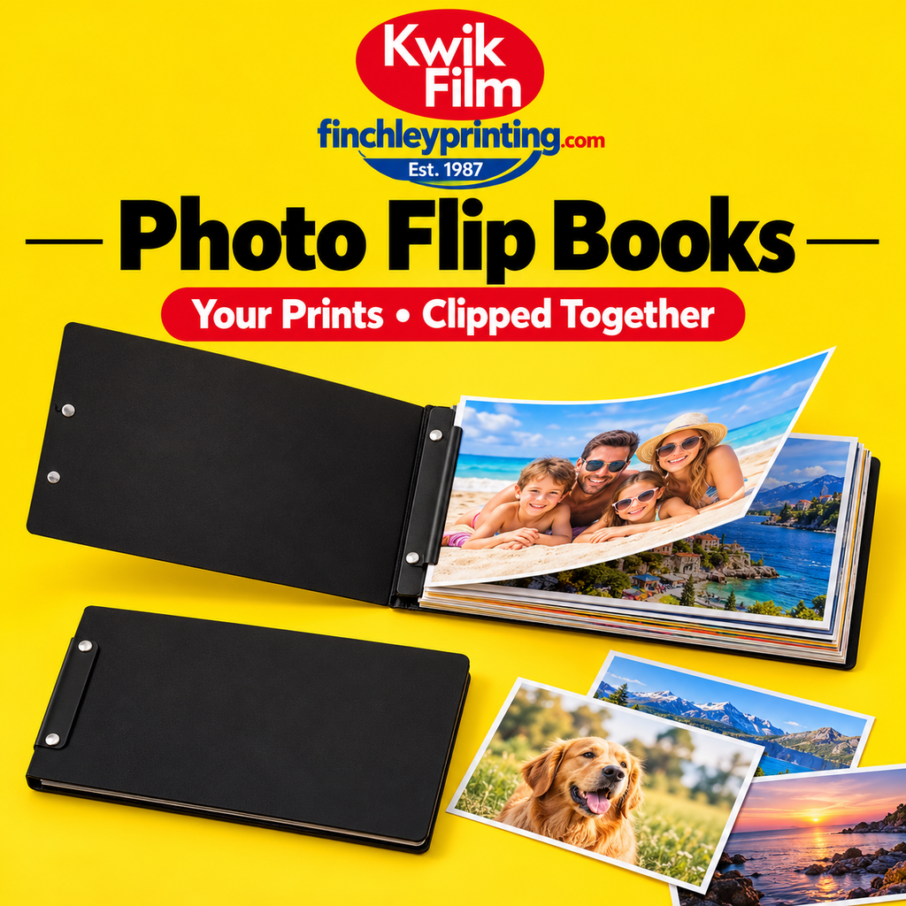 Black photo flip book clip holder with loose family and holiday photo prints, shown open and closed