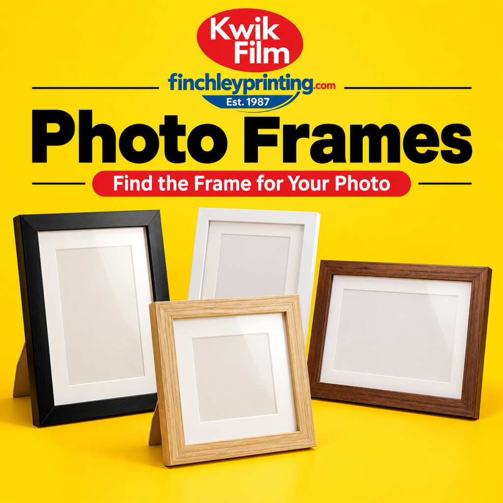 Photo frames without prints in black, white, light wood and dark wood finishes by Kwik Film and Finchley Printing