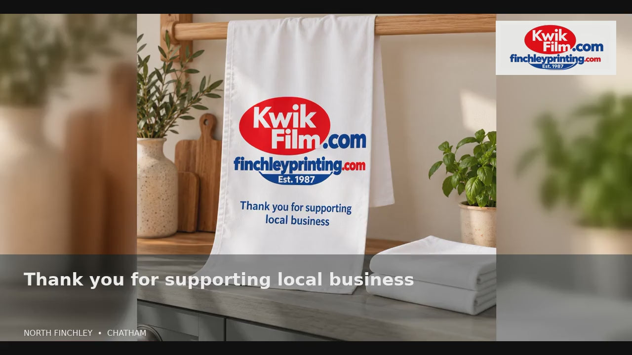 Illustrative Kwik Film branded tea towel launch-gift concept