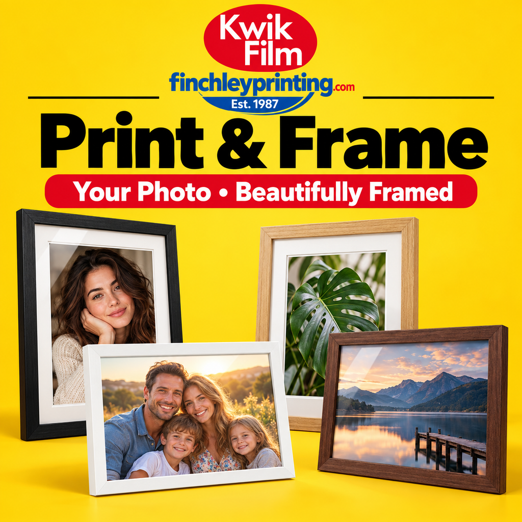 Photo print and frame combinations in black, white, light wood and dark wood finishes by Kwik Film and Finchley Printing